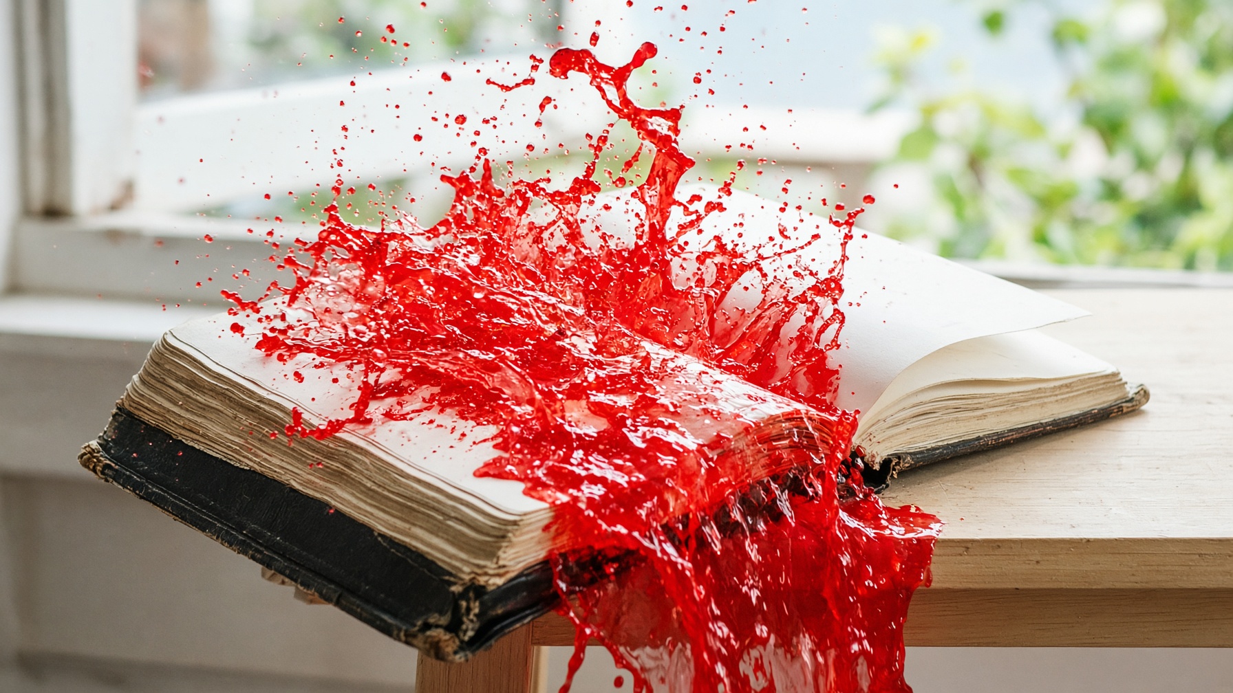 A heavy ledger book open on a pale table by a bright window, a burst of scarlet ink caught mid-surge across the open page and pouring over the table edge