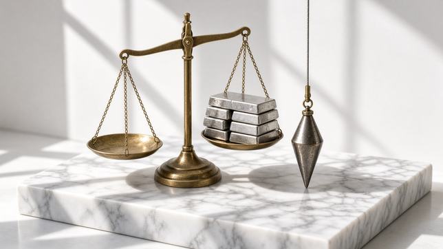 An antique brass balance scale on white marble in hard sunlight, one pan holding a short stack of plain metal ingots, a plumb bob hanging beside it.