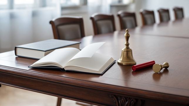 A long polished committee table with two bound minute books, one open with a page caught mid-turn, a brass hand bell and a stick of red sealing wax, empty chairs behind.