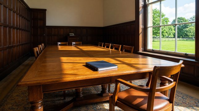 An empty panelled tribunal room, one closed black binder on a long oak table with a single chair pushed back and turned, hard daylight falling across the wood