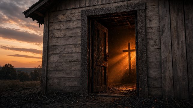 The scorched doorway of a small rural church at dusk, the door hanging open and a plain wooden cross standing inside amid embers and drifting ash