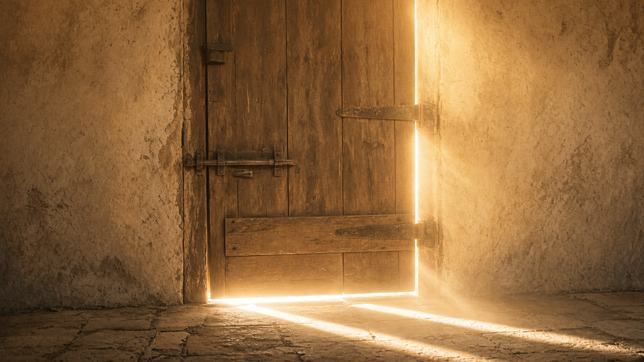 A plain heavy wooden door closed in a rough plastered wall, hard daylight coming under it and through the hinge gap in two bright lines across a stone floor.