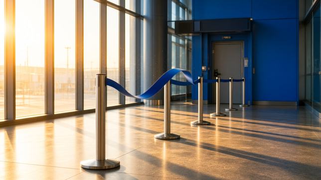 An empty airport departure gate in hard morning light, a barrier strap drawn across the boarding lane and the jetway door shut.