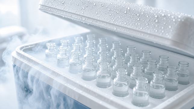 Rows of small sealed glass vials seated in white foam inside an open cold-chain case, cold vapour spilling over the rim, condensation beaded on the lid.