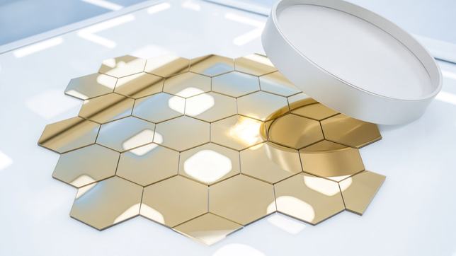 A segmented hexagonal telescope mirror lying face up in a bright clean room, its gold surface throwing back reflections of the ceiling lights.