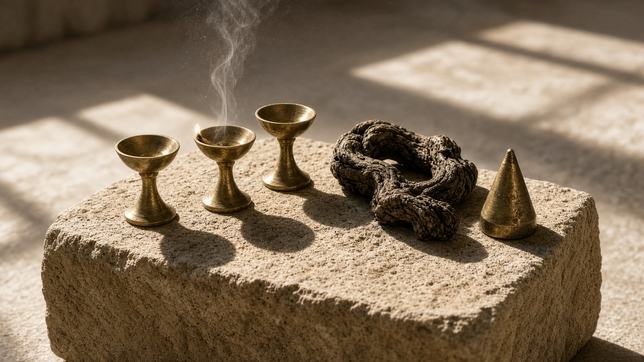 Small brass vessels standing on a block of rough-cut limestone in hard sunlight, a coil of dark olive wood beside them and a thin curl of smoke rising from one.