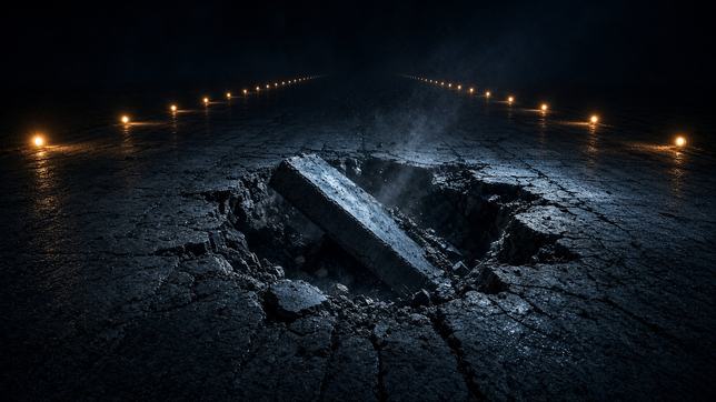 A crater punched through a military runway at night, one concrete slab still tipping, edge lights burning away into the dark.