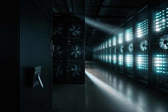 A data-centre aisle where one rack row stands dark and still, its cooling fans stopped, while the facing rows burn bright turquoise and white, a single shaft of light crossing the polished floor and a master switch handle thrown down on the near cabinet.