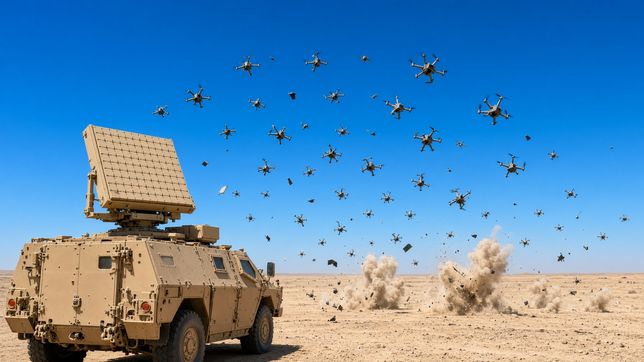 A flat-panel microwave array on a sand-colored military vehicle under a blue desert sky, a swarm of small drones tumbling from the air with dust bursts where they hit