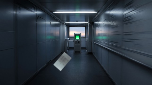 An empty airport jet bridge under fluorescent light, a biometric gate glowing green at the far end and a dropped boarding pass falling in the foreground