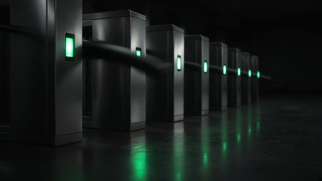 A row of steel access turnstiles receding into a dim empty concourse, each carrying a small green reader panel, the green reflected in the polished floor.