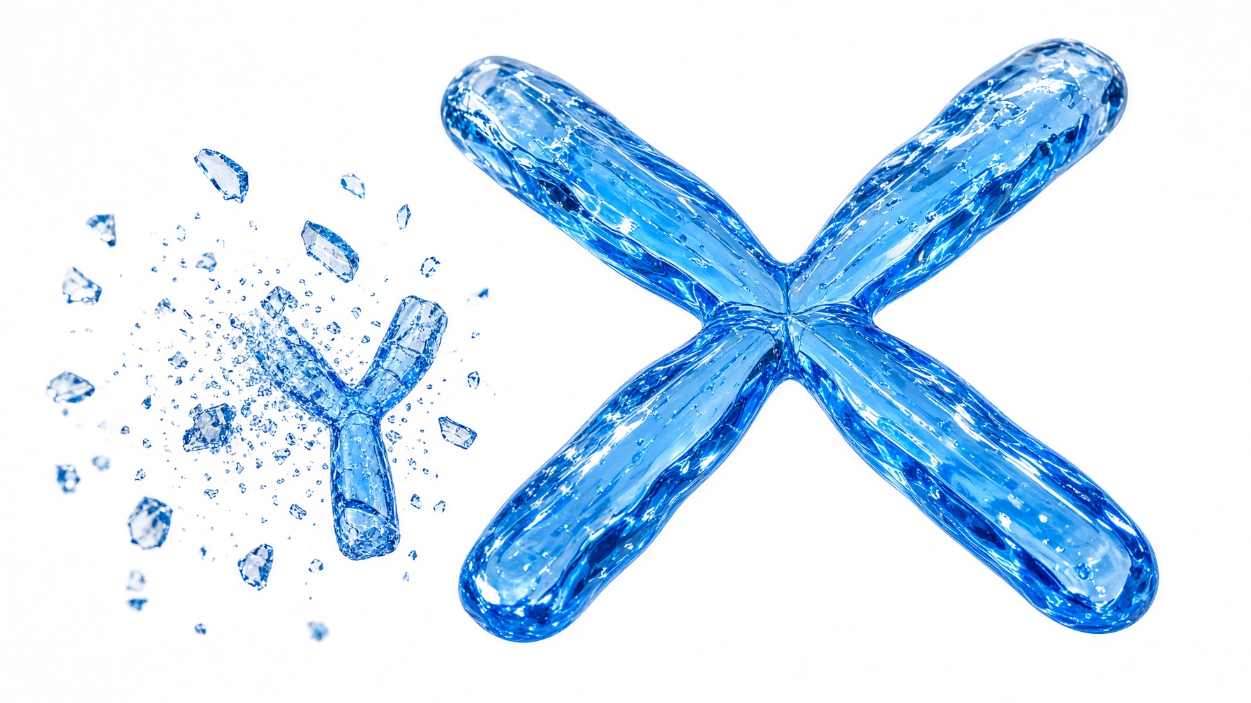 Two chromosomes rendered as blue glass on a white field, a large intact X on the right and a much smaller Y on the left caught mid-shatter with its fragments suspended in the air