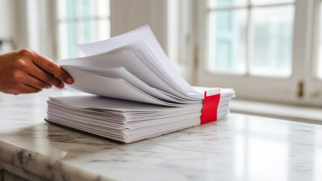 A thick bound court filing with a bright red exhibit tab, pages fanning up as a hand at the edge of the frame pushes it across a pale marble counter in hard window light
