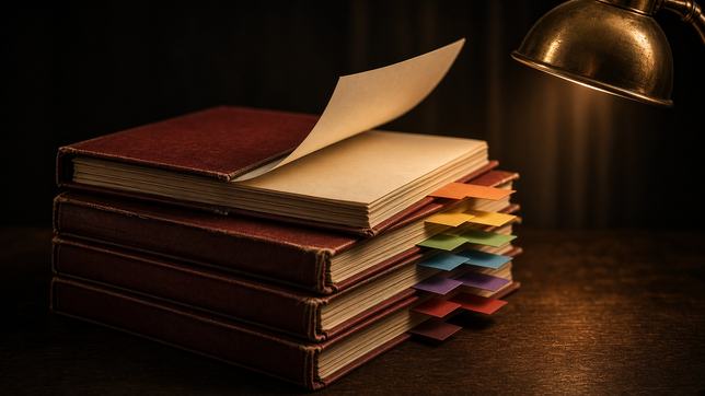 A stack of heavy legal binders on a dark desk, coloured filing tabs fanned from their edges, the top one open with a page lifting under a brass lamp.