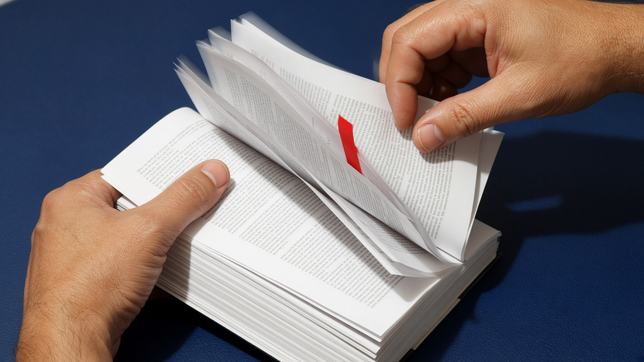 Hands fan open a thick rulebook on a blue desk, one scarlet index tab standing out of the white pages.