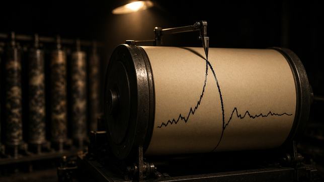 A drum seismograph in a darkened room, its stylus caught mid-sweep at the peak of a large excursion, wet ink glinting under a single work light.