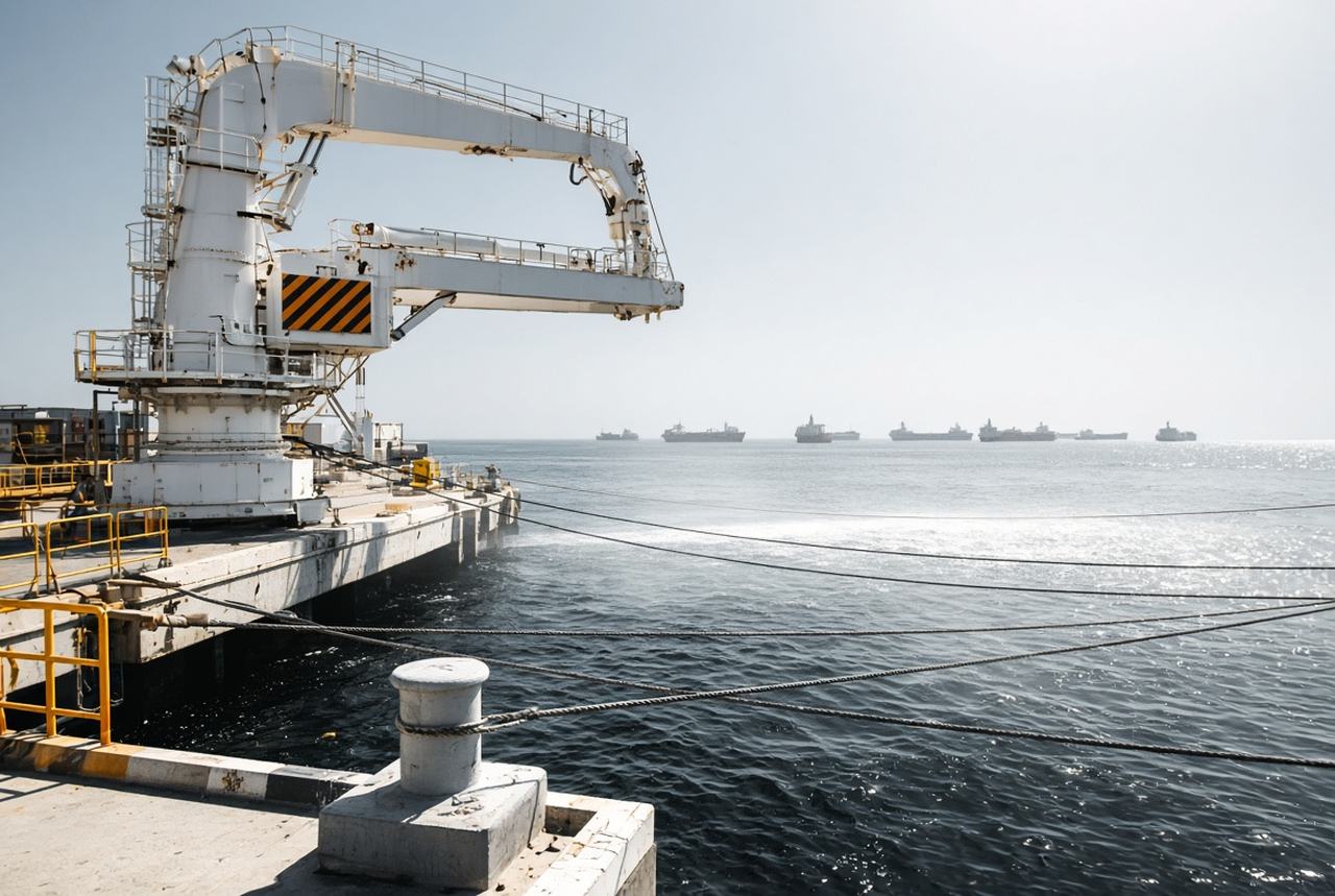 A deserted oil-terminal berth in flat gulf daylight, the loading arm swung back and stopped, mooring lines running slack across dark water from a bare bollard, and a line of cargo hulls riding at anchor far out on the horizon.