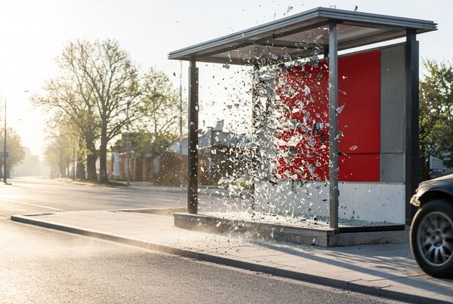 A roadside bus shelter on an empty street in low morning sun, its glass panel blown out and the fragments caught in mid-air, dust lifting from the pavement and a red advertising panel bare behind the shattering.