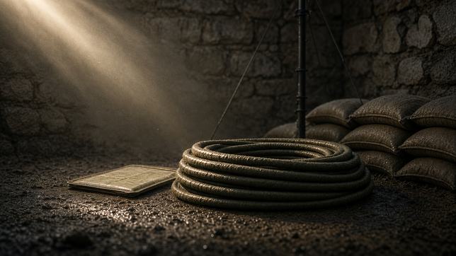 A heavy coil of field communications cable on wet ground at dusk, a map case beside it and sandbags stacked behind, one shaft of last light across the coil.