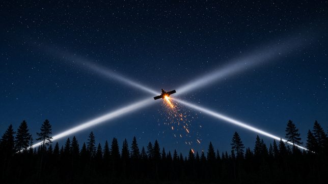 Two searchlight beams crossing over a dark pine forest at night, a small drone silhouette breaking apart in orange sparks where the beams meet